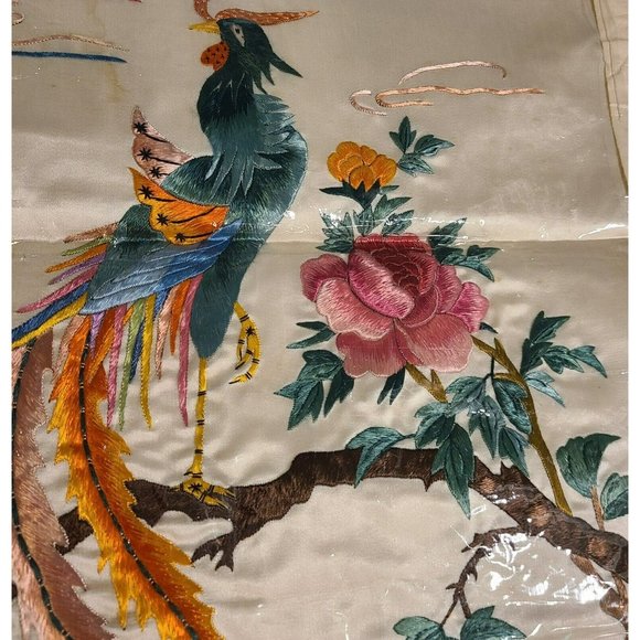 Vintage Silk Embroidered Asian Bird Duck Peacock Art Picture. Set of 2 - Picture 6 of 12